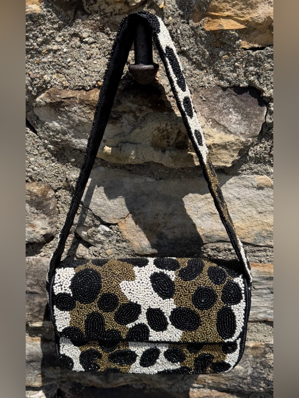 Rachel Zoe Beaded Leopard Print Bag in Black, White & Gold purse